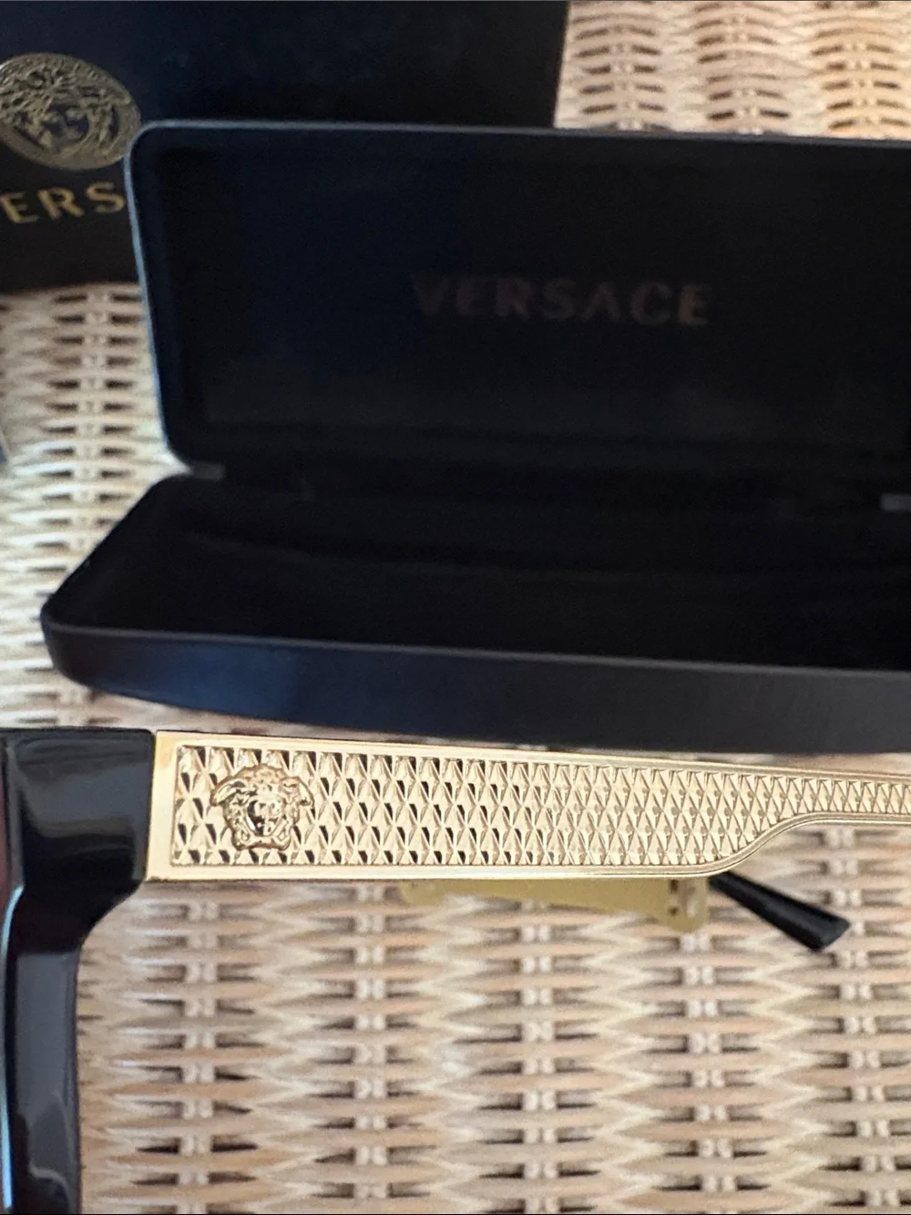 Versace Black Eyeglasses with Gold Logo Accents